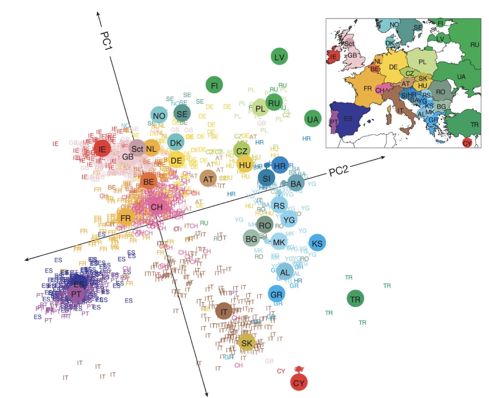 example of how PC1 and PC2 reflecting European genetic ancestry